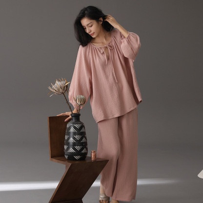 Women's double-layer gauze long-sleeve breathable loose plus-size cotton gauze homewear set