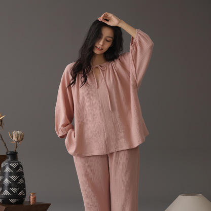 Women's double-layer gauze long-sleeve breathable loose plus-size cotton gauze homewear set