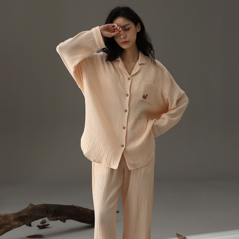 Women's double-layer gauze loose all-cotton homewear set with chest padding