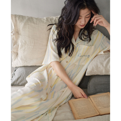 Mid-length, short-sleeve double-layered cotton gauze dress pajamas with padded chest
