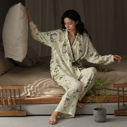 Women's double-layer gauze bamboo leaf pattern homewear set