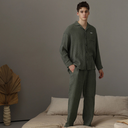 Couple's double-layer gauze long-sleeve loose striped homewear set
