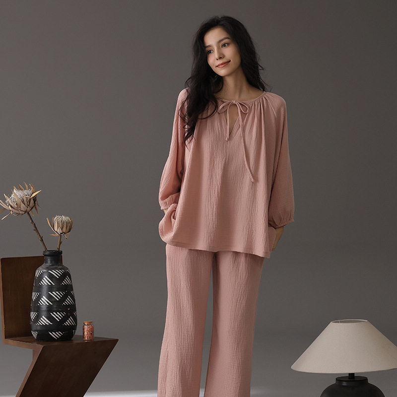 Women's double-layer gauze long-sleeve breathable loose plus-size cotton gauze homewear set
