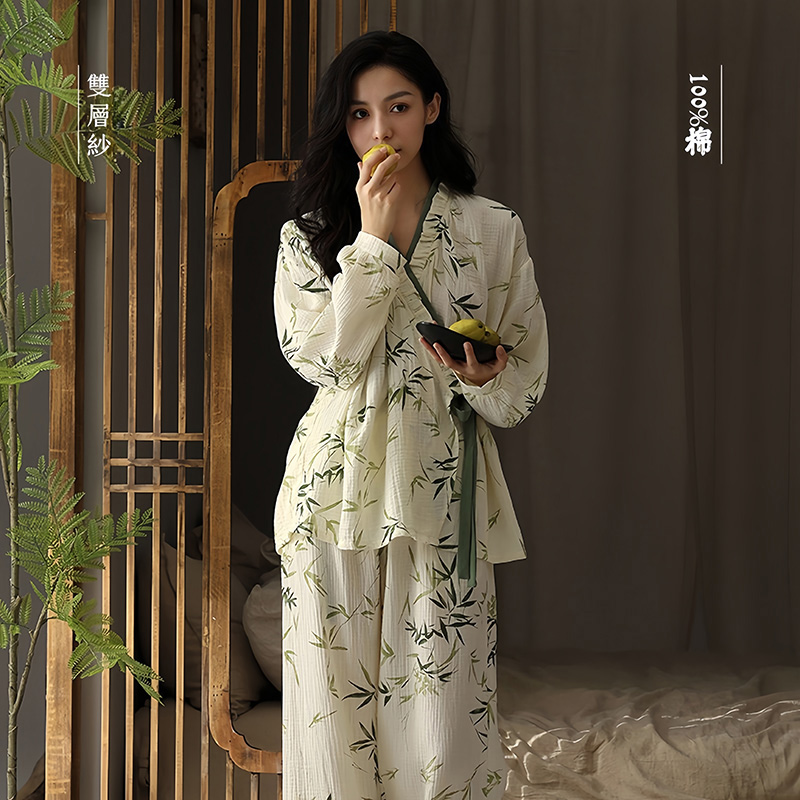 Women's double-layer gauze bamboo leaf pattern homewear set