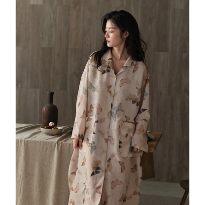Long-sleeve minimalist-style double-layered cotton gauze bathrobe, mid-length
