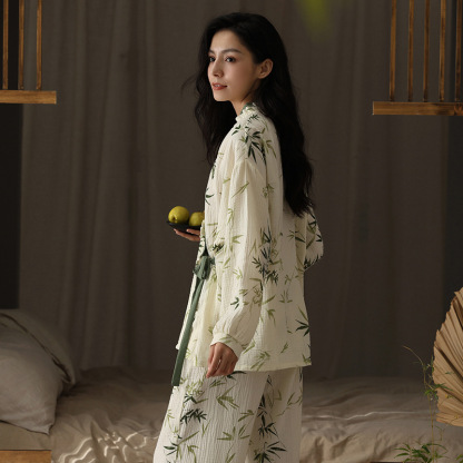Women's double-layer gauze bamboo leaf pattern homewear set