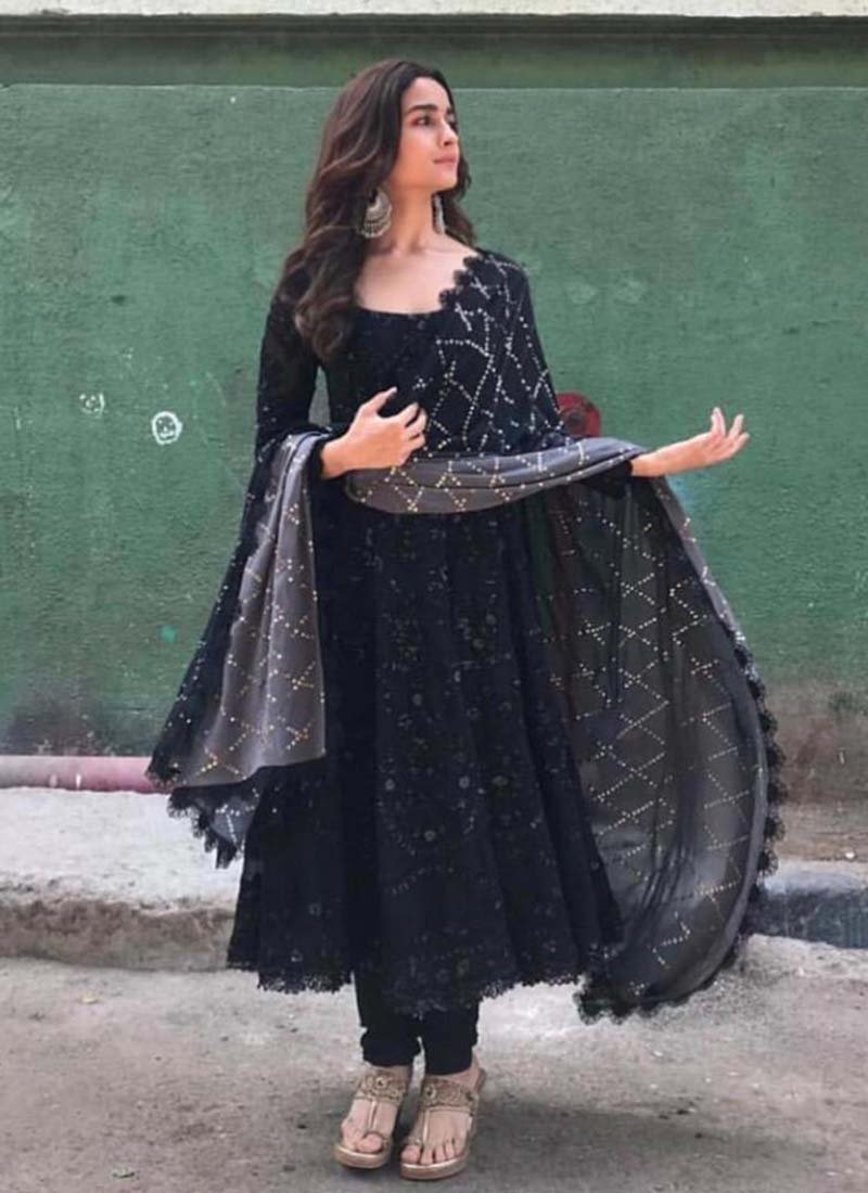 Alia Bhatt Black Georgette Indian Semi Stitched Salwar Suit Onlinelehenga