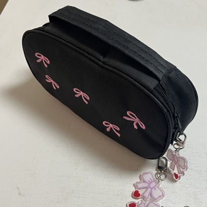 Portable Cute Bow Pencil Case Solid Color Embroidery Large Capacity Niche Stationery Storage Bag Cosmetic Bag Dirty Resistant