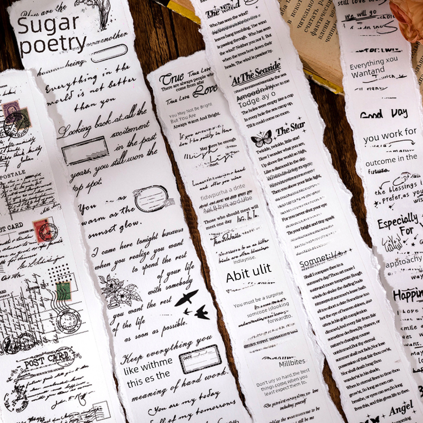 Sugar poem PET tape time manuscript series retro English hand account DIY material backing cycle stickers 6
