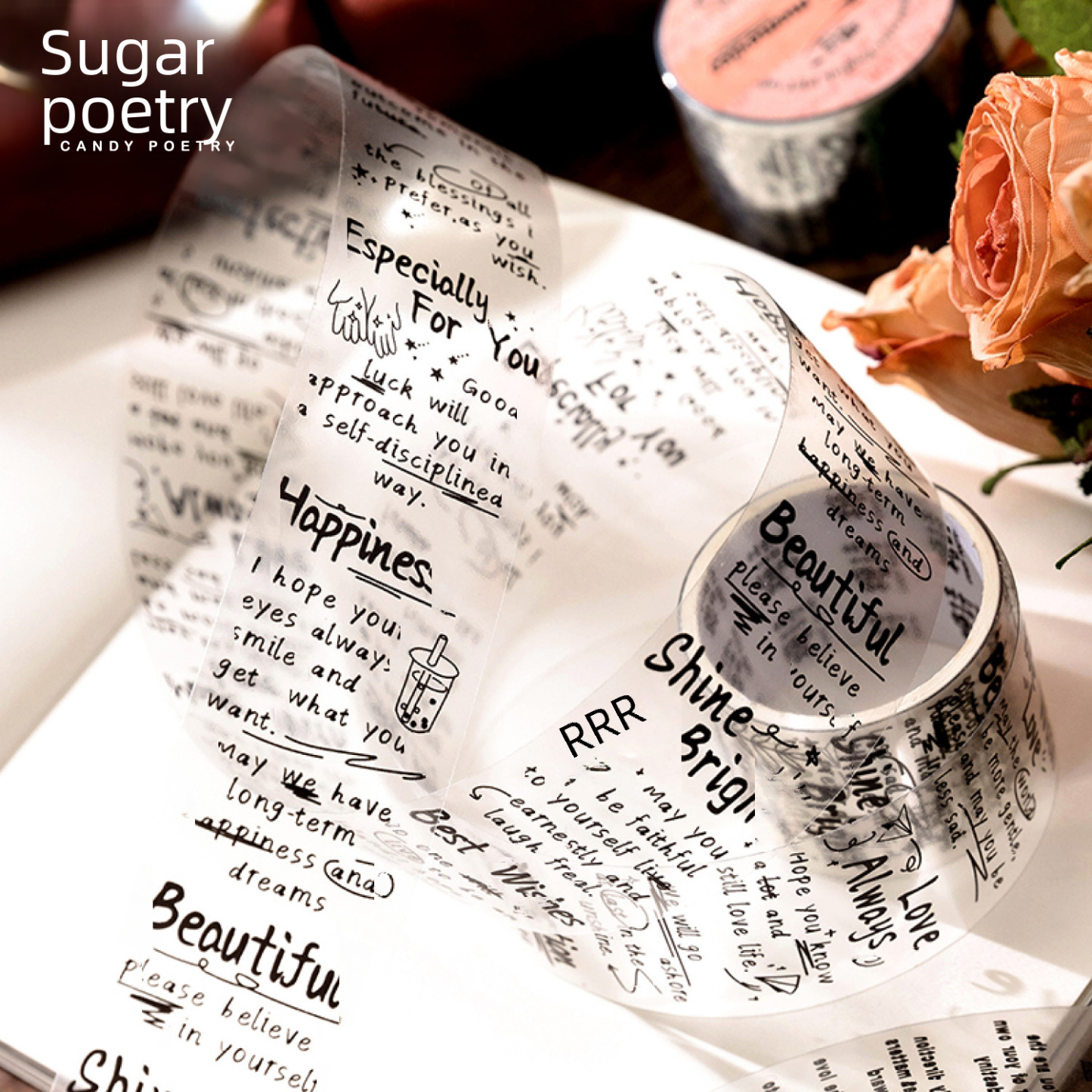 Sugar poem PET tape time manuscript series retro English hand account DIY material backing cycle stickers 6