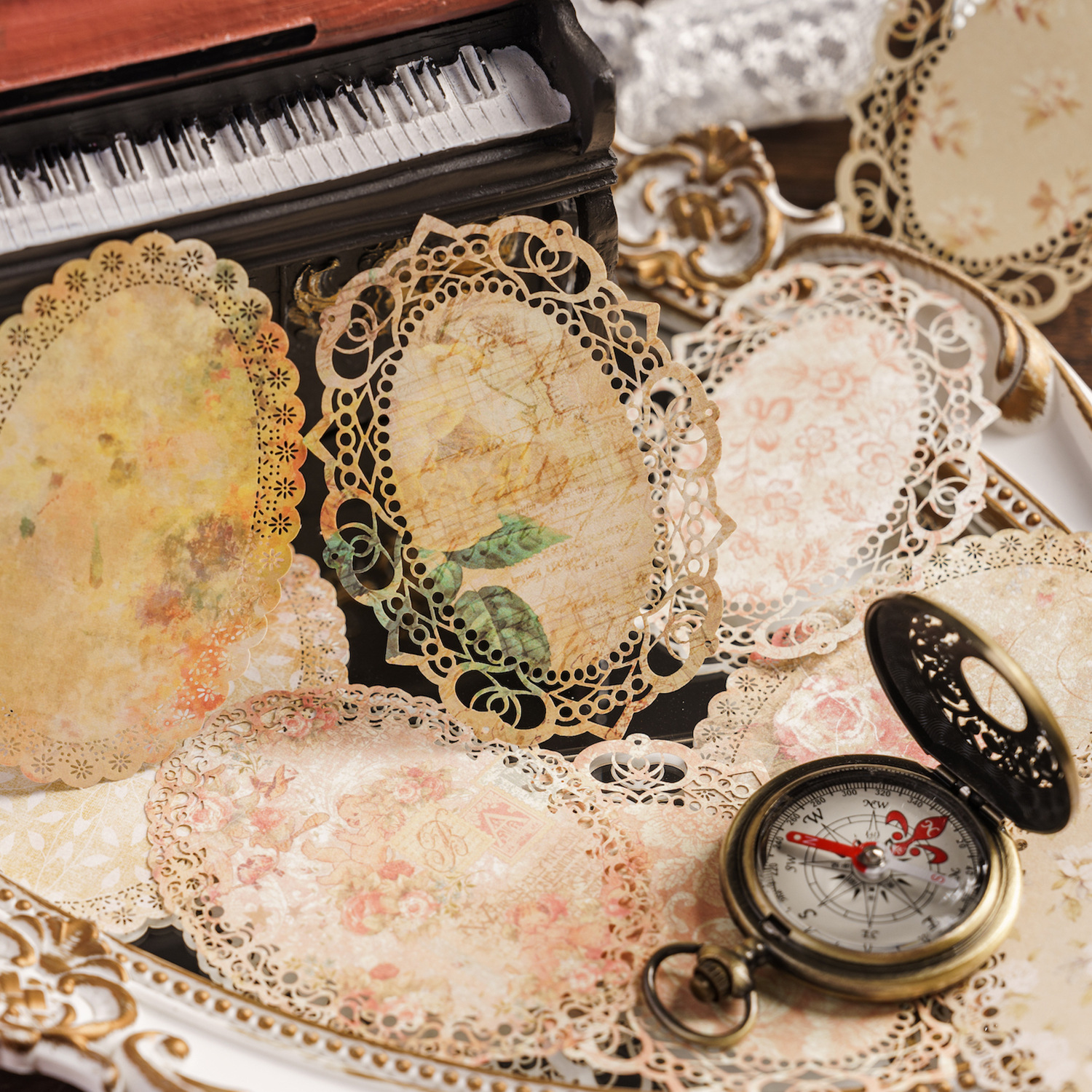 Momo lace paper flower period series hollow retro floral hand tent decorative materials 10 pieces 6 variants