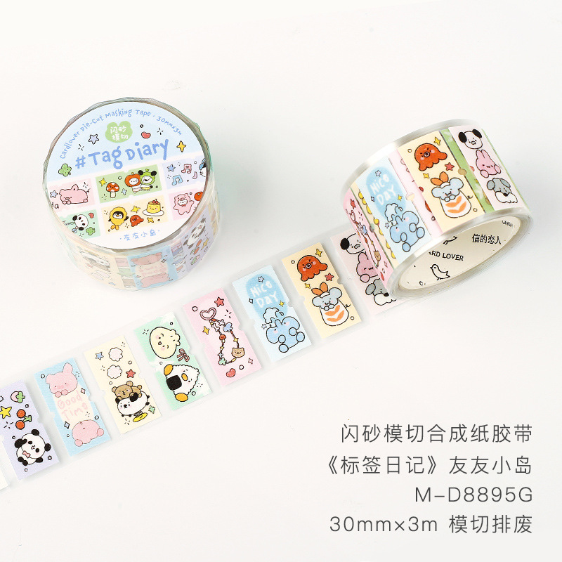Letter Lovers Flash Sand Die Cut Synthetic Paper Tape Label Diary Series Student Hand Account Decorative Sticker Tape