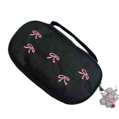 Portable Cute Bow Pencil Case Solid Color Embroidery Large Capacity Niche Stationery Storage Bag Cosmetic Bag Dirty Resistant