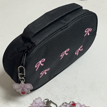 Portable Cute Bow Pencil Case Solid Color Embroidery Large Capacity Niche Stationery Storage Bag Cosmetic Bag Dirty Resistant