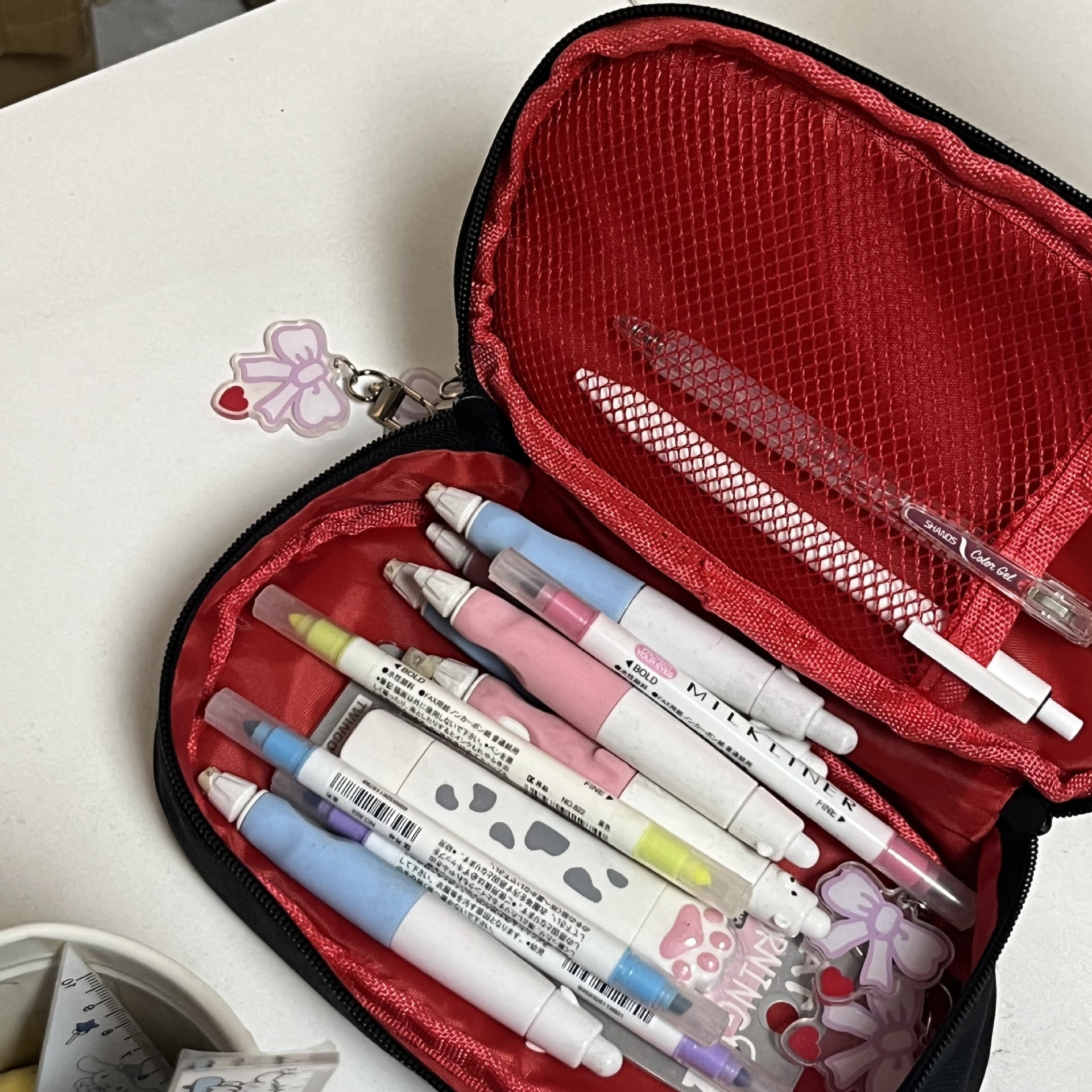 Portable Cute Bow Pencil Case Solid Color Embroidery Large Capacity Niche Stationery Storage Bag Cosmetic Bag Dirty Resistant