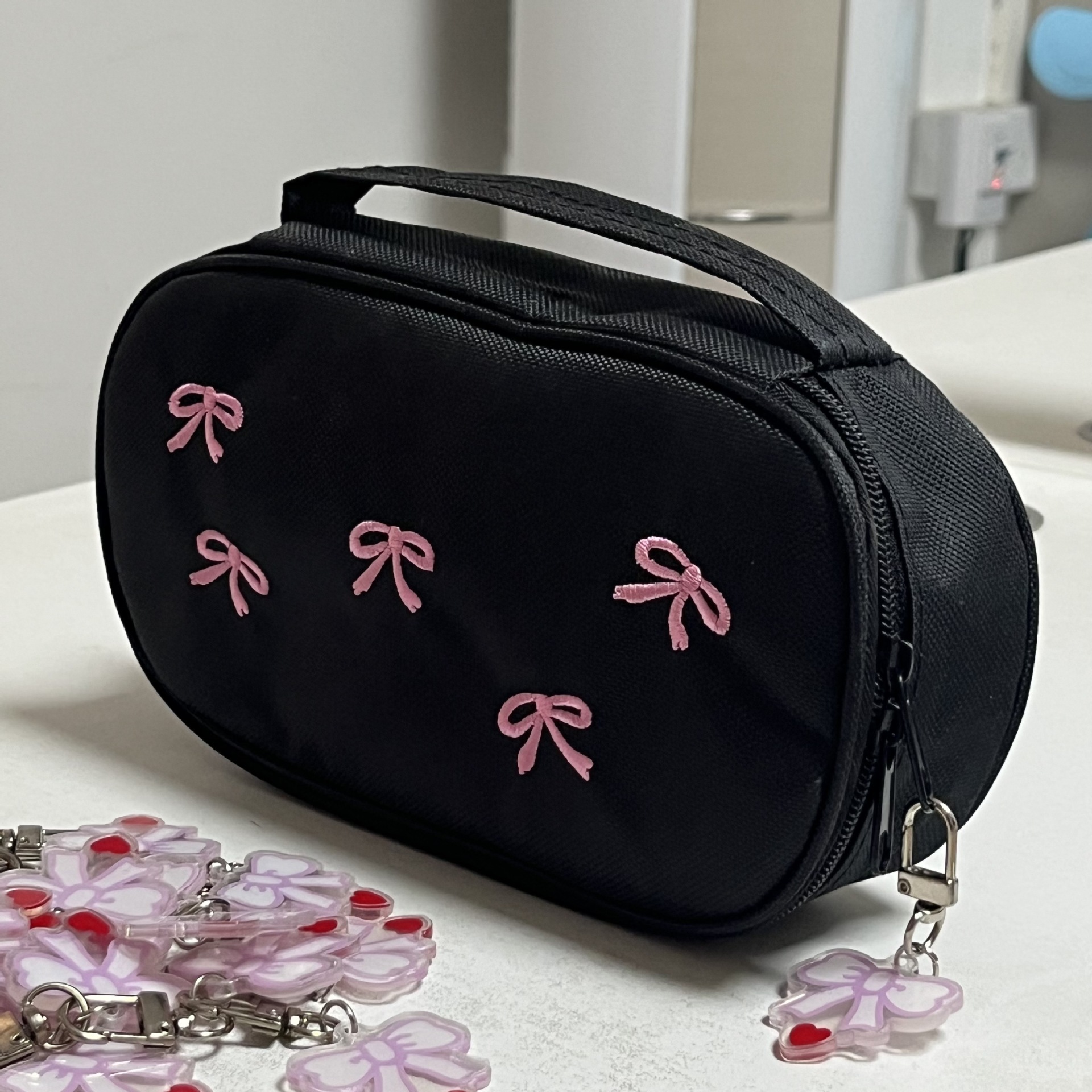 Portable Cute Bow Pencil Case Solid Color Embroidery Large Capacity Niche Stationery Storage Bag Cosmetic Bag Dirty Resistant