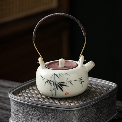 米黄汝窑手绘竹影-迷你提梁壺