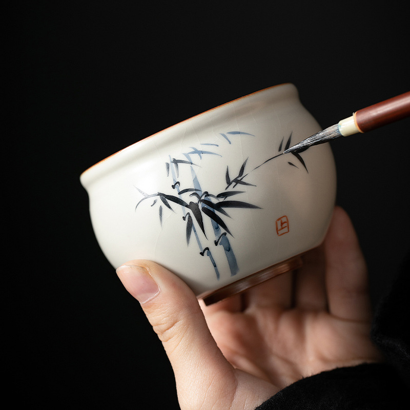 米黃汝窯手繪竹影-水缸杯