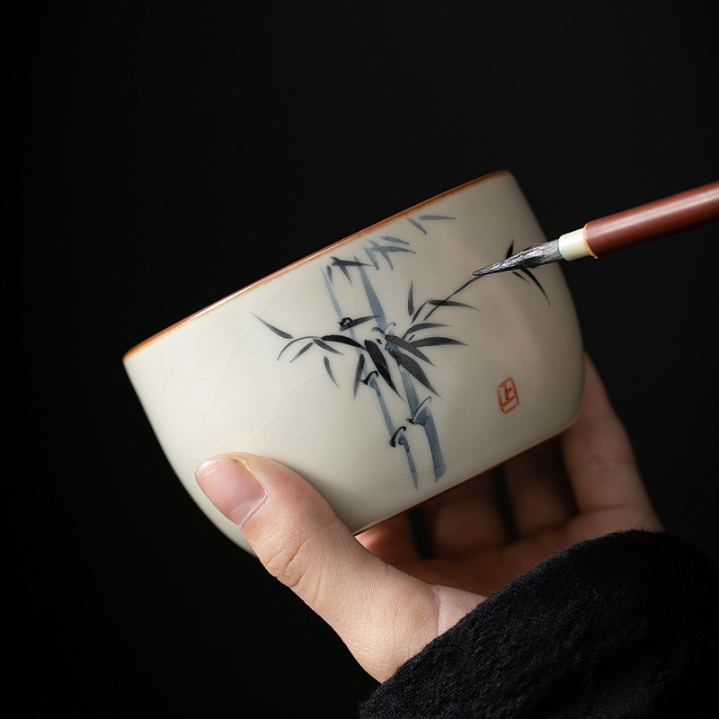 米黃汝窯手繪竹影-直邊杯