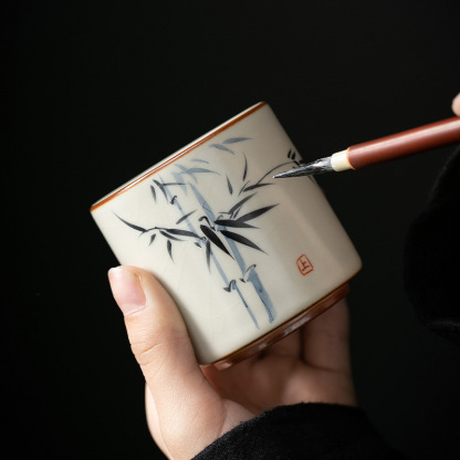 米黃汝窯手繪竹影-圓品杯