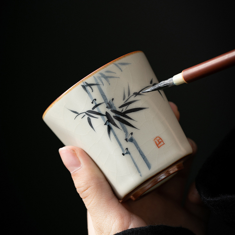 米黃汝窯手繪竹影-四方杯