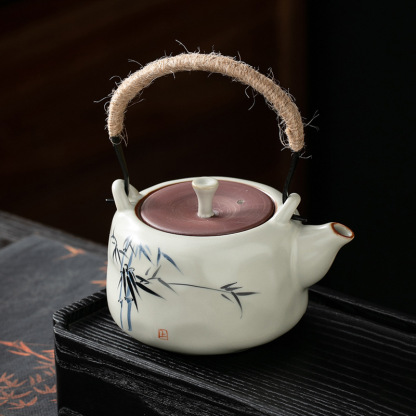 米黄汝窑手绘竹影-提梁壺