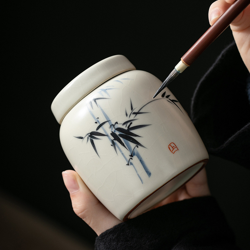 米黄汝窑手绘竹影-茶葉罐