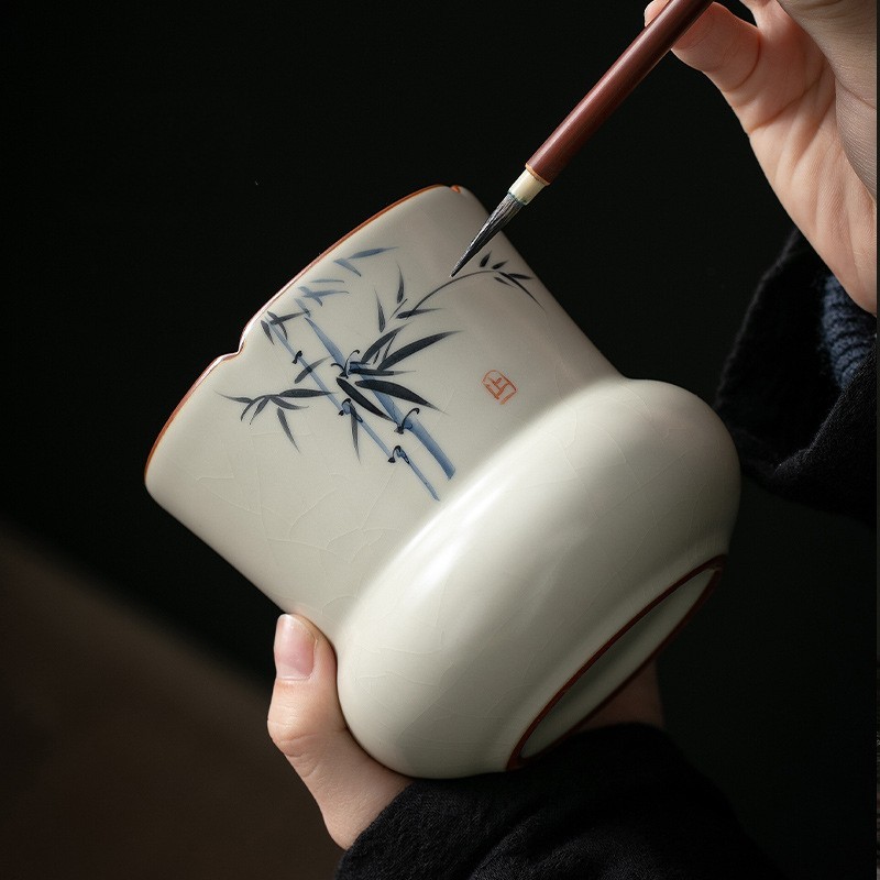 米黃汝窯手繪竹影-建水