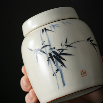 米黄汝窑手绘竹影-茶葉罐