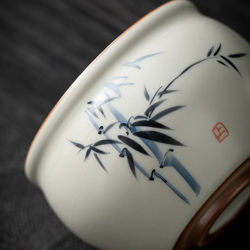 米黃汝窯手繪竹影-水缸杯