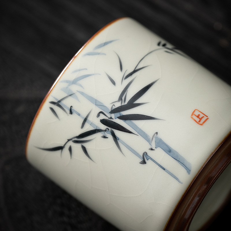 米黃汝窯手繪竹影-圓品杯