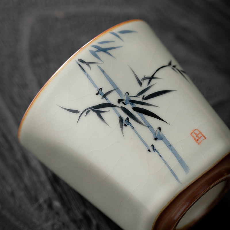 米黃汝窯手繪竹影-四方杯