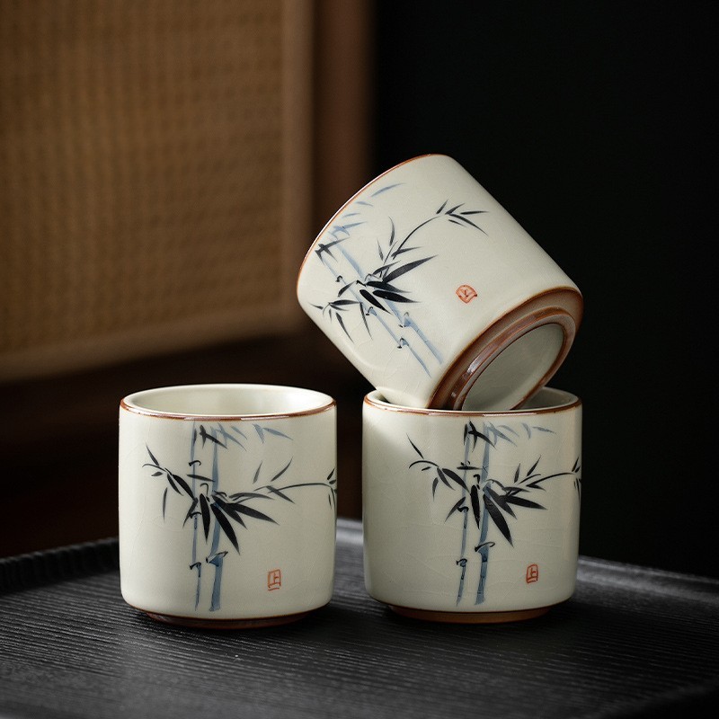 米黃汝窯手繪竹影-圓品杯