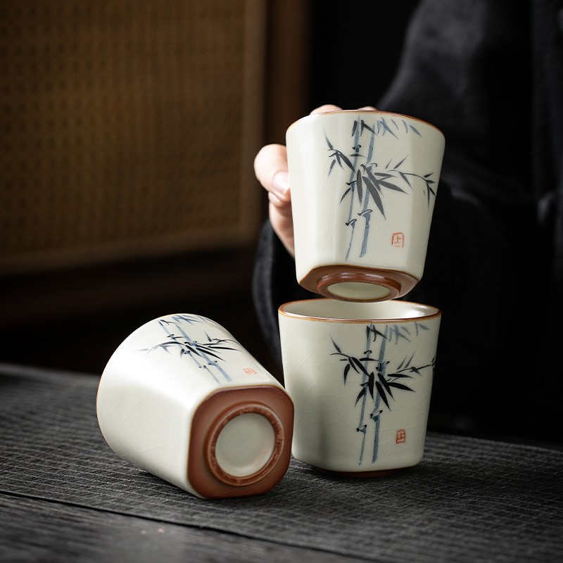 米黃汝窯手繪竹影-四方杯