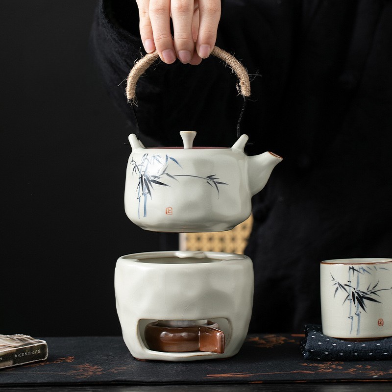 米黄汝窑手绘竹影-提梁壺