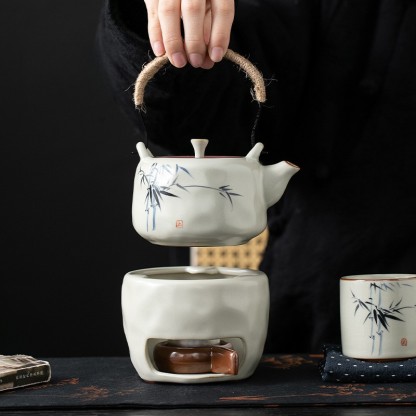 米黄汝窑手绘竹影-提梁壺