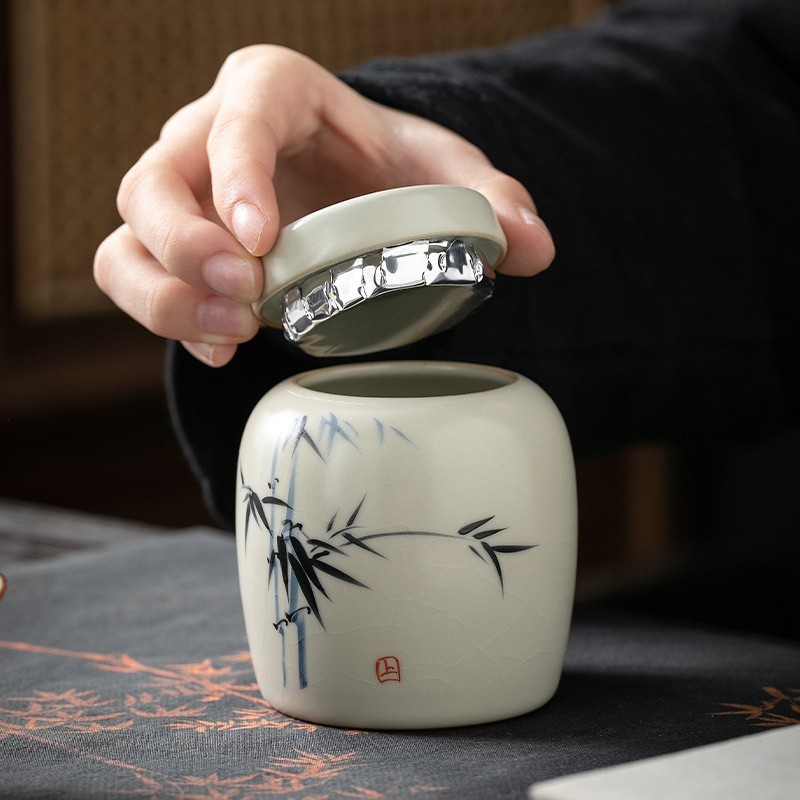 米黄汝窑手绘竹影-茶葉罐