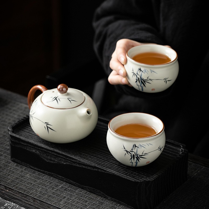 米黃汝窯手繪竹影-水缸杯