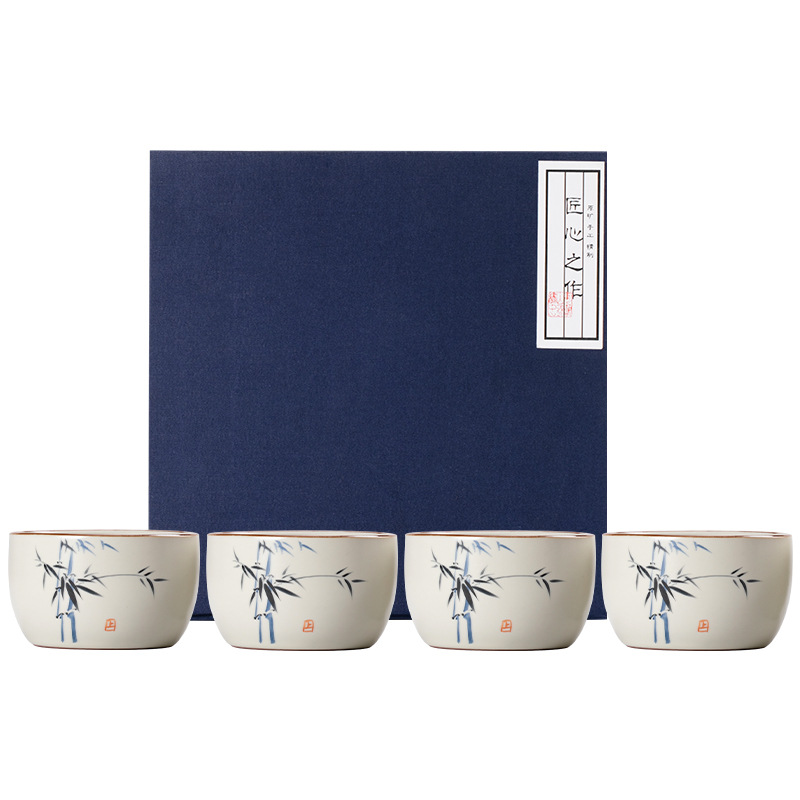 米黃汝窯手繪竹影-直邊杯