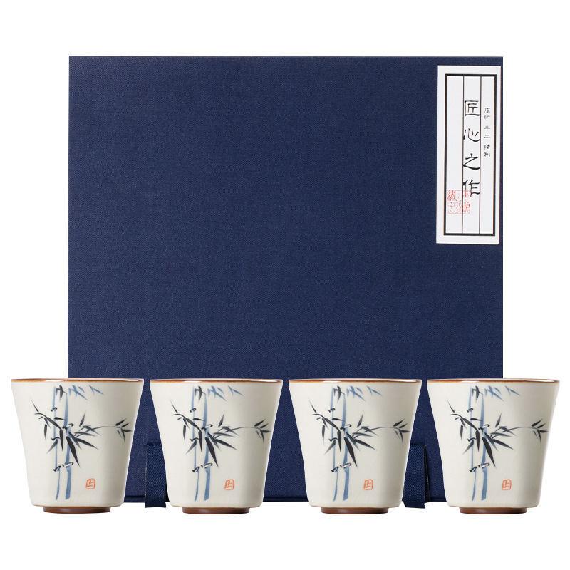 米黃汝窯手繪竹影-四方杯