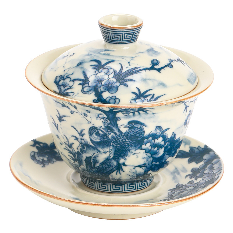 繁花汝窯三才蓋碗