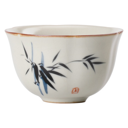 米黃汝窯手繪竹影-葵口杯