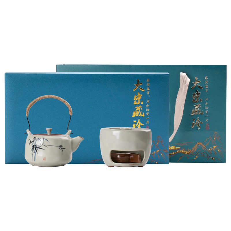 米黄汝窑手绘竹影-提梁壺