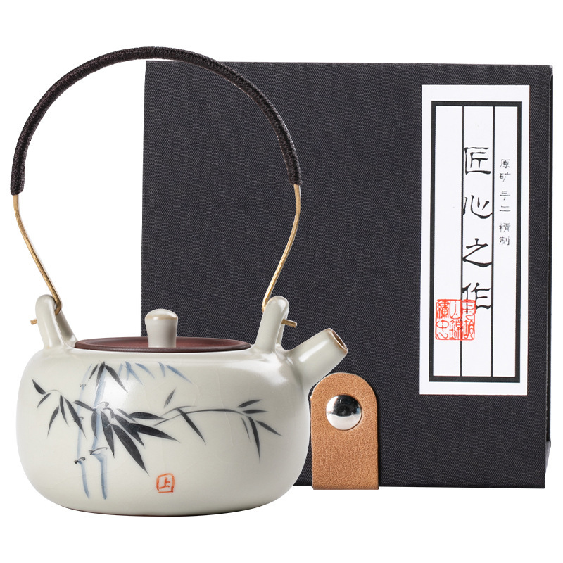 米黄汝窑手绘竹影-迷你提梁壺