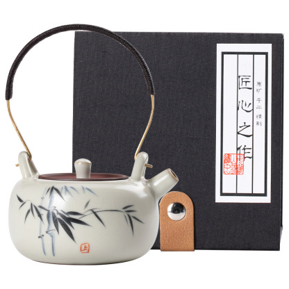 米黄汝窑手绘竹影-迷你提梁壺