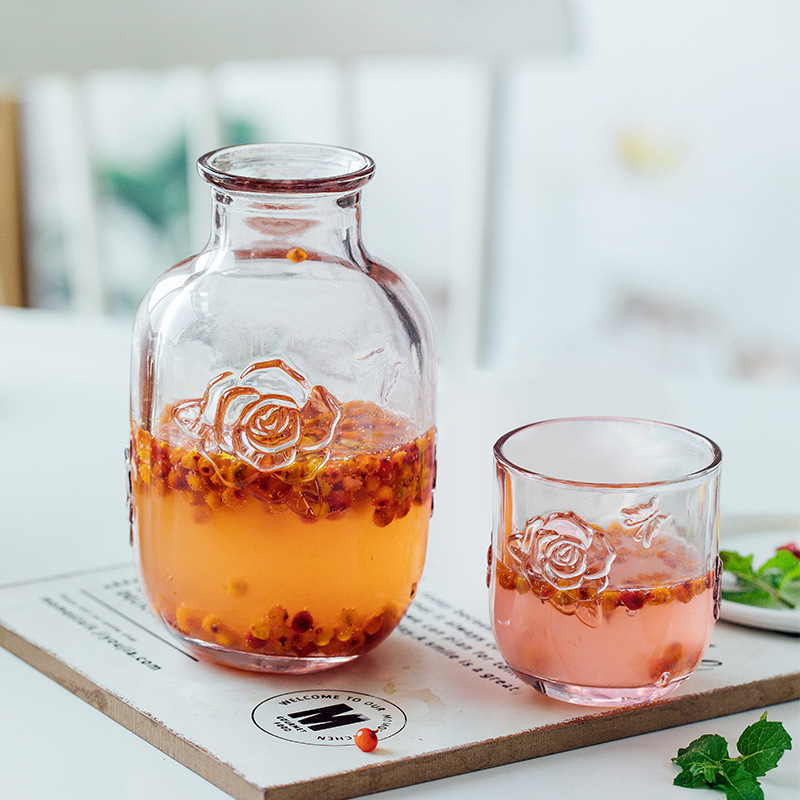 復古浮雕花朵壺杯大容量玻璃涼水壺