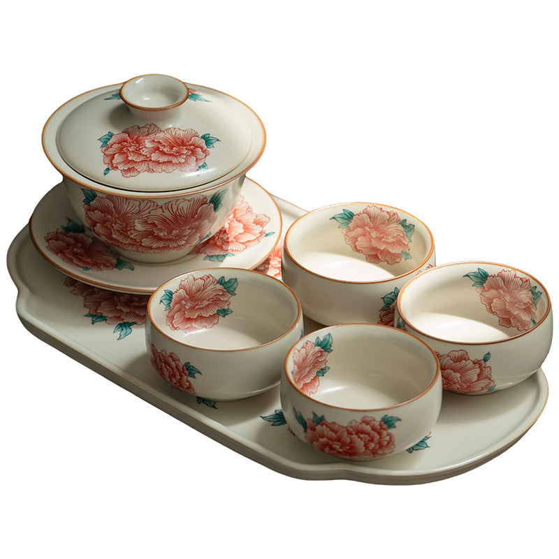 汝窯牡丹花三才蓋碗茶杯套組