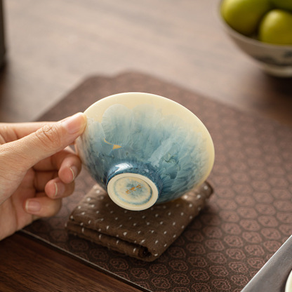 天藍冰花結晶釉斗笠杯