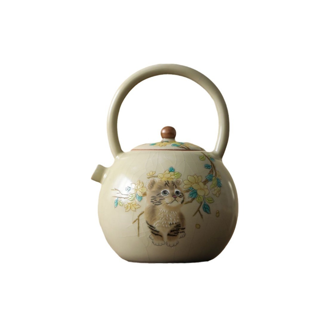 汝窯萌貓瓷把提梁壺