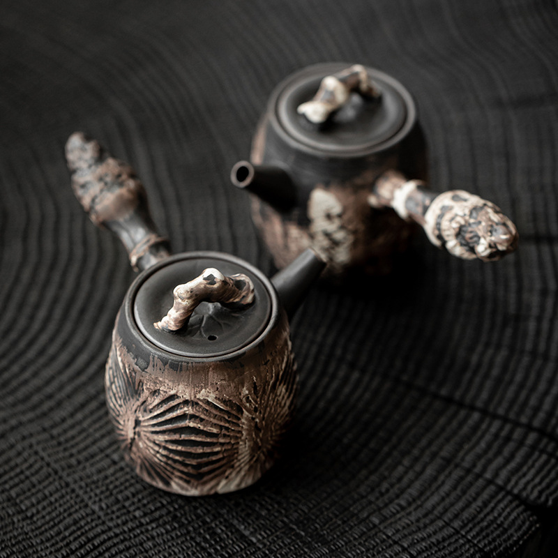 侘寂風粗陶側把壺